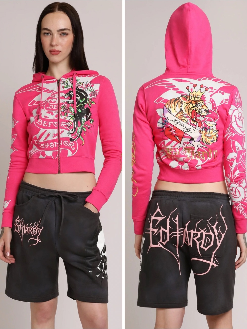 Ed Hardy Hot Pink Cropped Zip Hoodie with Graphic Print